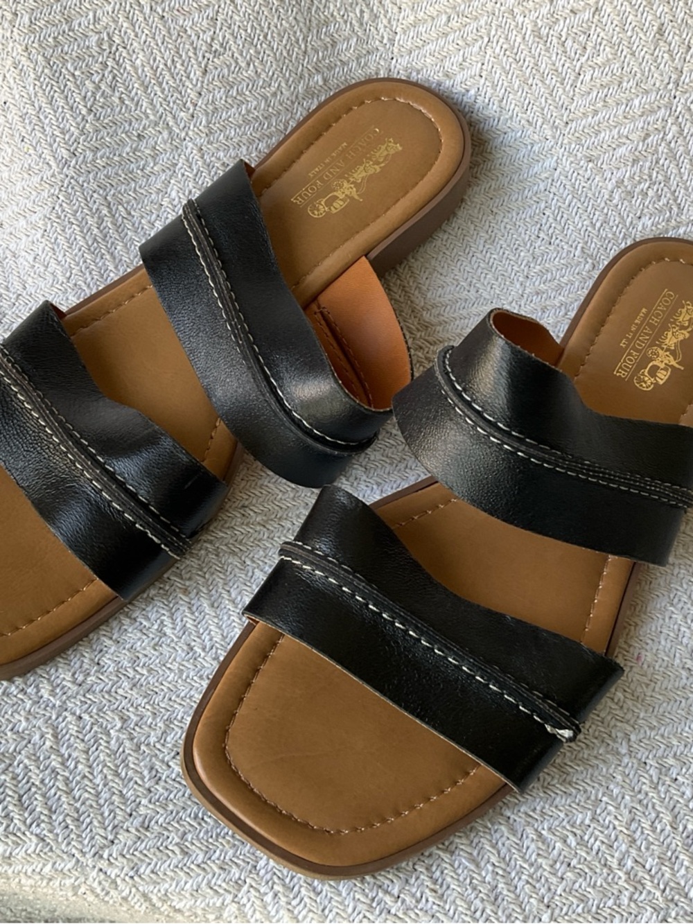 Coach and Four Black and Tan Leather Slide Sandals